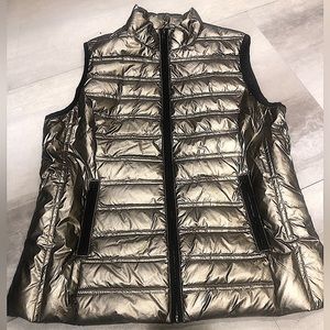 ELANA WANG Down Feathers Quilted Puffer Vest, Metallic Gold Bronze